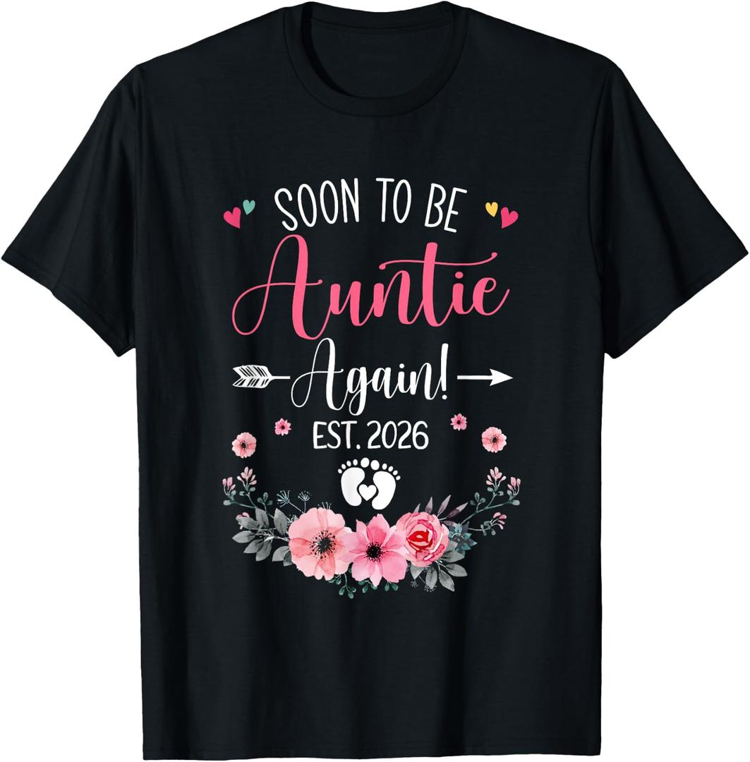 Soon To Be Auntie Again Est 2026 Mothers Day T-Shirt (Black, M)