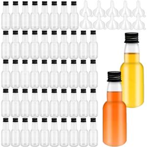 50 Pack Mini Liquor Bottles,1.7oz/50ml Plastic Spirit Alcohol Bottle with Black Cap,Miniature Shot Bottles with 10 Funnels for Party Favor,Weddings