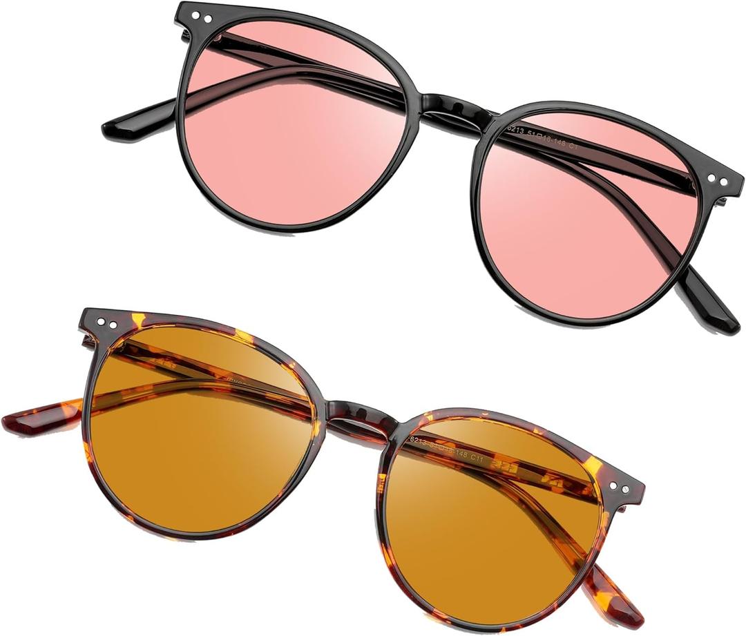 2 Pack Indoor Fluorescent-41 Pink & Outdoor Fluorescent-60 Brown Round Tinted Blue Light Blocking Glasses for Migraine, Light Sensitivity, Photophobia & LED Gaming Computer Screen Glare RF6213 (Black Frame Pink Lens + Coco Tortoise Frame Brown Lens)