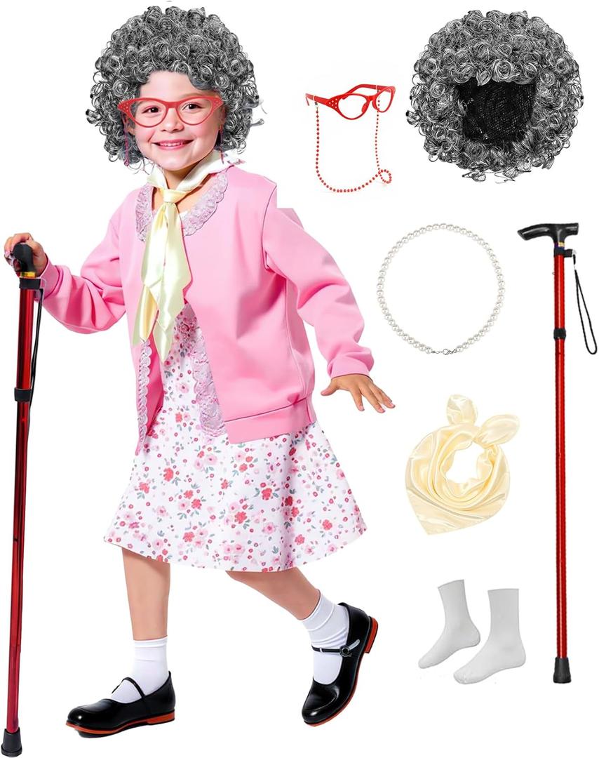 Kids Old Lady Costume Set, 100 Days of School Dress Up Kit with Granny Wig for Girls, Grandma Themed Outfit6-8years