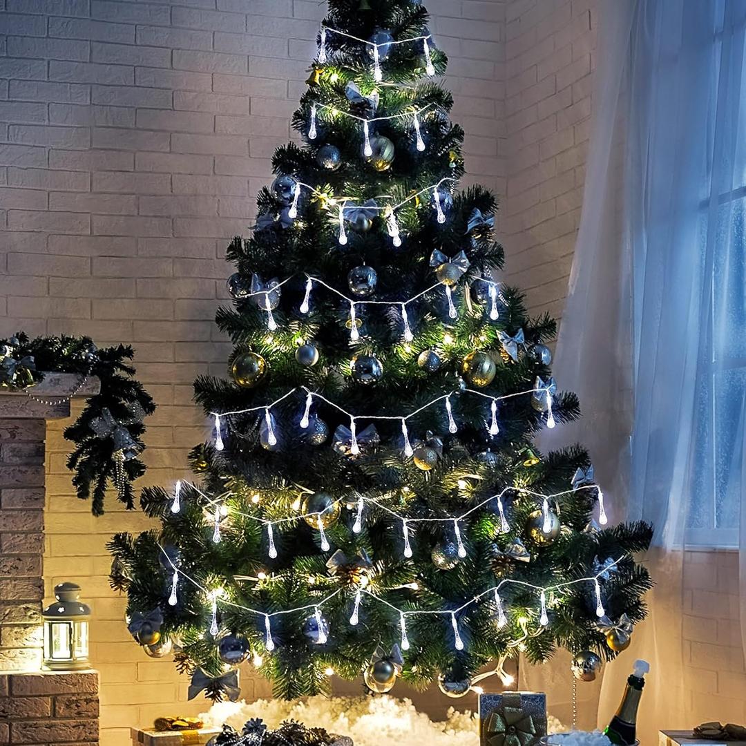 WILLBOND 33Ft White Christmas Tree Lights Indoor 80 LED Teardrop Ornaments Flashing Twinkle Outdoor String Light Battery Operated Clear Crystal Glass Ornaments for Winter Holiday Party Decor