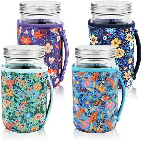 KJQJLY 2 Pcs Mason Jars Sleeves Neoprene 32oz Regular and Wide Mouth Mason Jar Sleeves Holder with Handle (Flowers, 32 OZ)