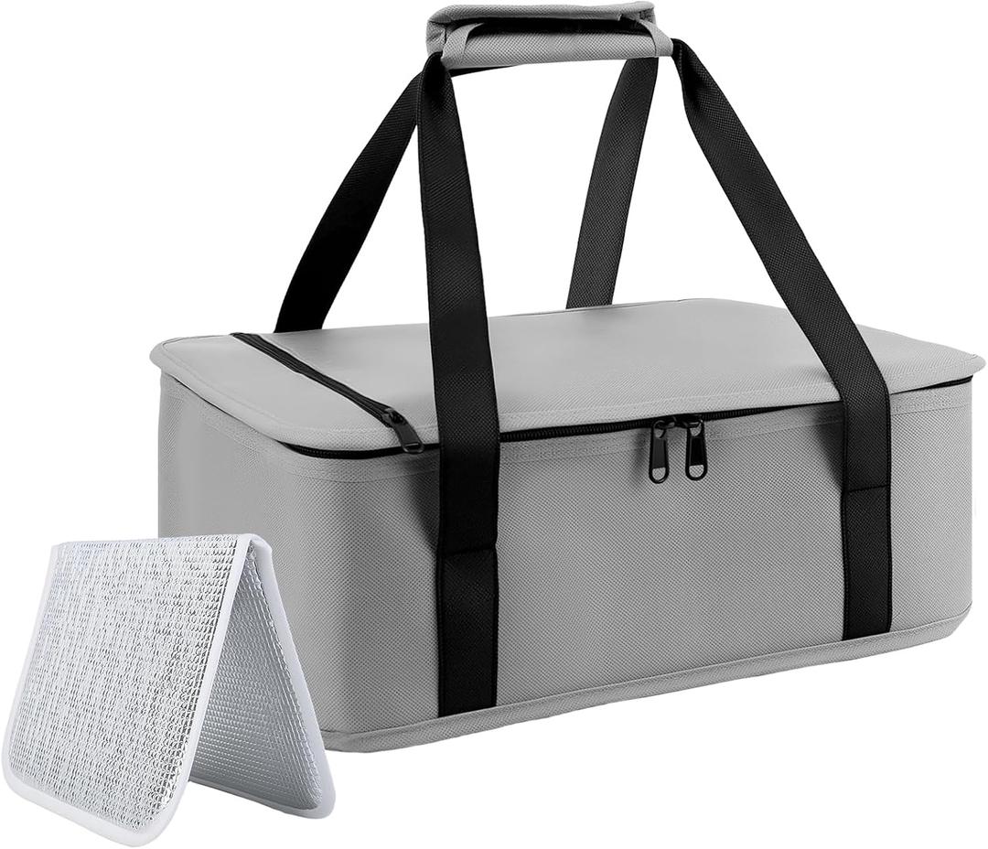 Insulated Casserole Carrier Bag for Hot or Cold Food, Portable Snack/Meal Prep Carrier Keep Container Thermal and Cooling, Carrying 11x15 Baking Pan, Travel Picnic Cake Dessert Warmer /Cooler Boxes (Gray  Classic Nonwoven)