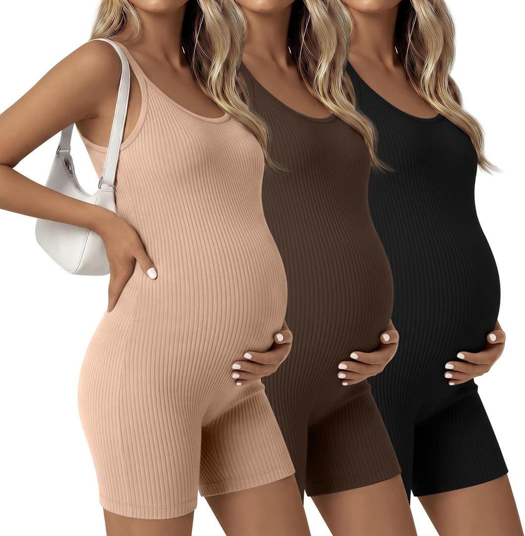 3 Pack Maternity Jumpsuits | Cotton, Spaghetti Strap, Adjustable, Cami, Ribbed, U Neck, Pregnancy, Tank Bodysuits, Casual, Lounge, Summer, Daily Wear M