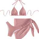 SHENHE Women's 3 Piece Textured High Cut Halter Triangle Bikini Swimsuit with Cover Up (Large, Plain Pink)