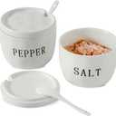 2 Pack Salt and Pepper Bowls Set, Ceramic Salt and Pepper Containers with Lid and Spoon, White Salt Pepper Holder Set, Salt Box Dish with Lid Easy to clean