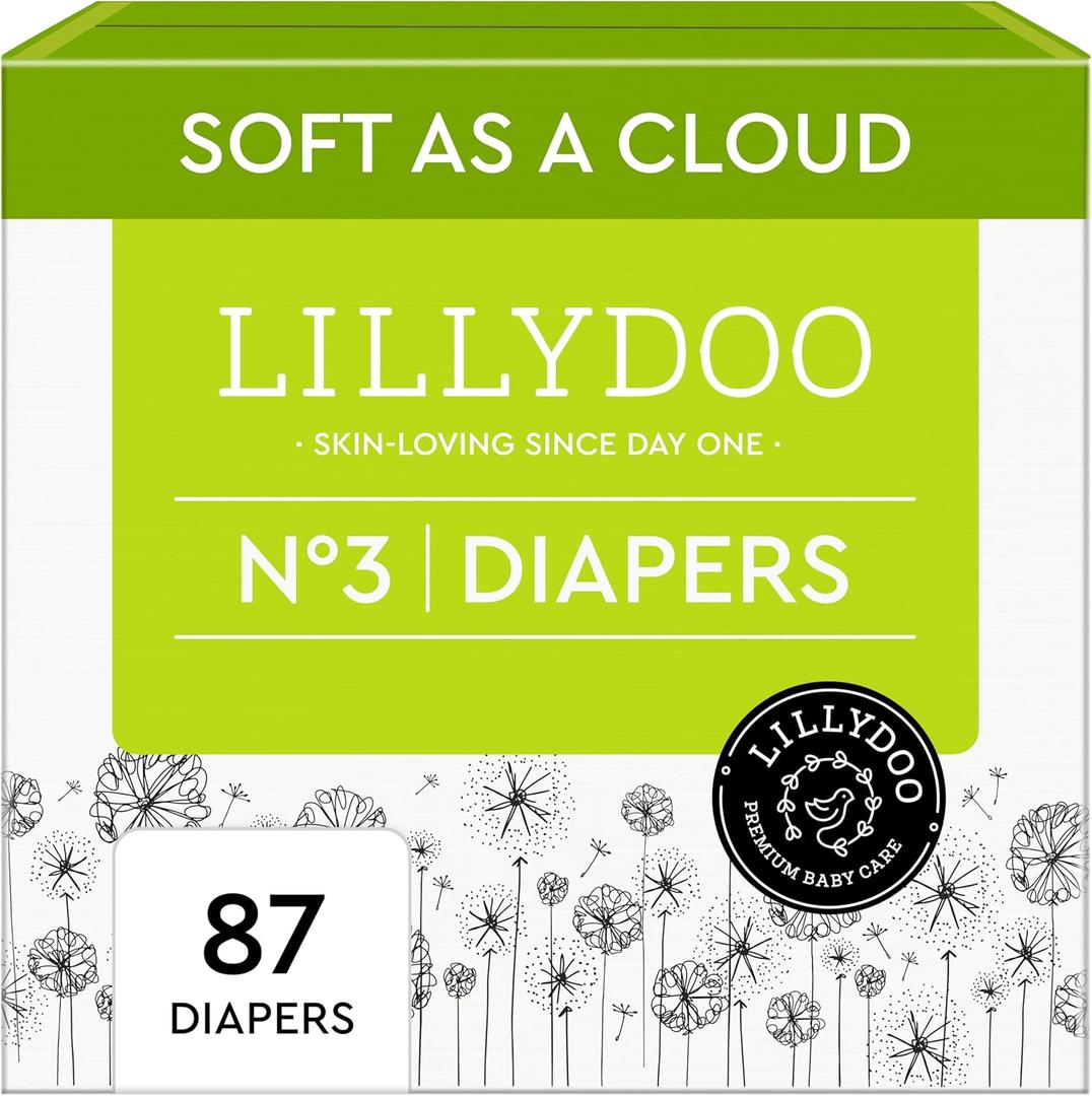 LILLYDOO Baby Diapers - Size 3 (13+ lbs), Half-Monthly Supply (87 Count), Leak Protection, Skin-Friendly, Ultrasoft, Perfume- & Chlorine-Free, Hypoallergenic, Dermatologist Tested, Oeko-TEX