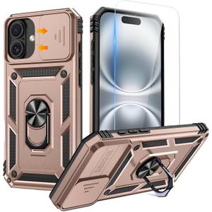 Goton Compatible for iPhone 16 Plus Case with Screen Protector - Slide Camera Cover Protective Phone Case with Ring Stand, Heavy Duty Shockproof Rugged Bumper for iPhone 16 Plus Accessories Rose Gold