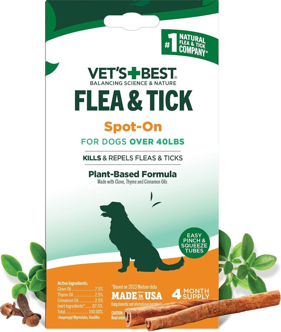 Vet's Best Natural Flea and Tick Drops for Dogs  Natural Topical Flea Prevention with Certified Essential Oils  Plant-Based Spot-On Treatment for Large Dogs  Pest Control  4 Month Supply