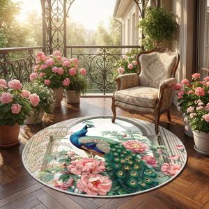 CCoutueChen 4x4 Washable Peacock Round Rug, Victoria Bird Floral Floor Mat for Adult Bedroom/Living Room, Soft Large Non-Slip Carpet Floor Mat for Kids Nursery Playroom Home Office