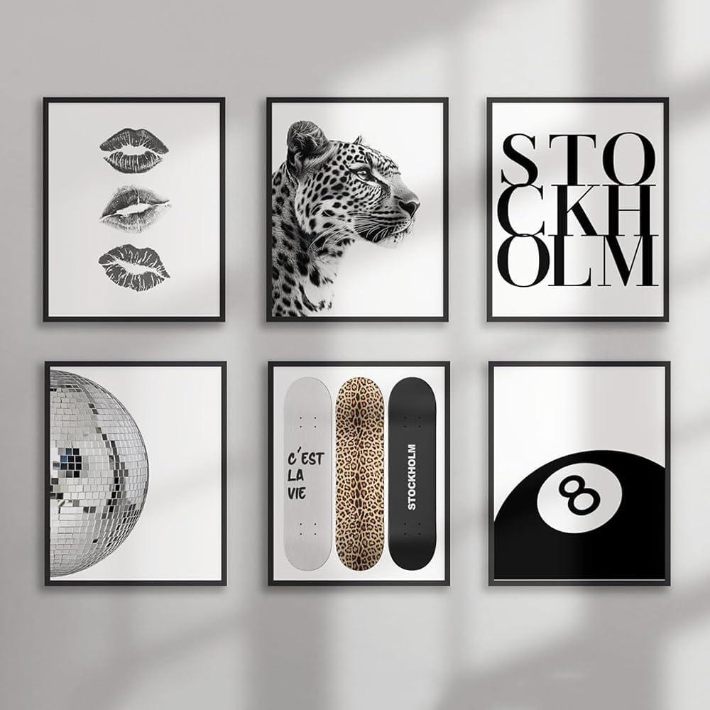 6PCS Black White Canvas Wall Art Disco Ball Poster Trendy Cheetah Lucky 8 Ball Picture Funky Leopard Print Wall Decor Artwork for Living Room Bedroom Aesthetic Painting 8x10in Unframed