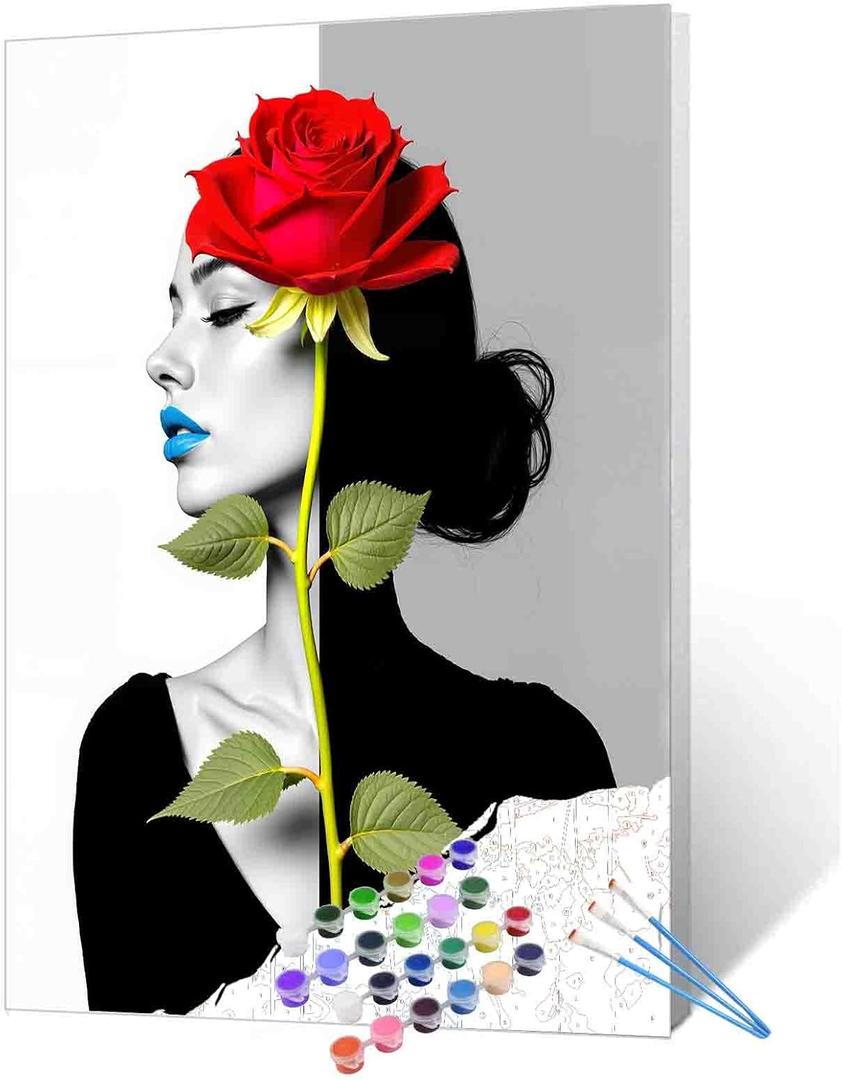 Abstract Women Blue Lips Oil Paint by Number for Adults rose DIY Paint by Numbers for Beginner Kids Canvas for Black and White Symmetrical Pictures Painting Art Crafts Home decoration(without Frame), 16''x20''
