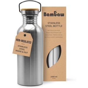 Bambaw Stainless Steel Water Bottles 32 oz, Non-insulated Single Wall Metal Water Bottle Stainless Steel, Reusable & Eco Friendly, Dishwasher Safe  Silver