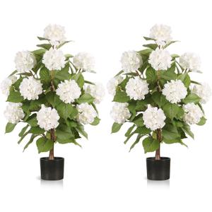 3FT Artificial Hydrangea Tree with White Flowers, 2 Pack Faux Silk Plant Fake Hydrangea Bush Flower Tree for Porch Patio Living Room Decor