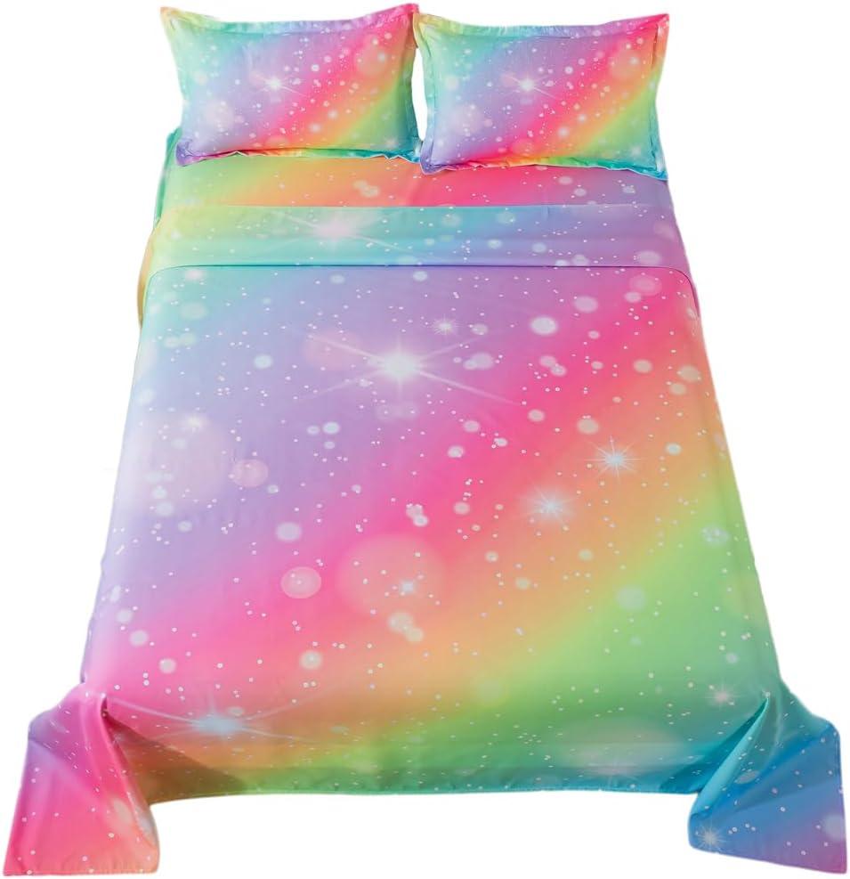 ADASMILE A & S Rainbow Fitted Sheet for Girls 4 Pieces Rainbow Sheets Full for Kids Pink Glitter Tie Dye Pastel Bed Set (1 Flat Sheet + 1 Deep Pocket Fitted Sheet and 2 Pillowcases) Bedroom Decor