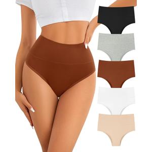 ASIMOON High Waisted Bikini Underwear for Women Tummy Control Cotton Panties Soft Strech No Muffin Cheeky Panty Multi Pack (Medium)