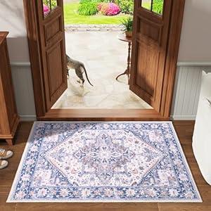 HOMORE Vintage Washable Rug Floral Low Pile Non-Slip Throw Beige Blue Rugs for Bedroom Living Room Kitchen Entryway Office Stain Resistant Indoor Door Farmhouse Perfect for Room Home Decor 2x3 Ft