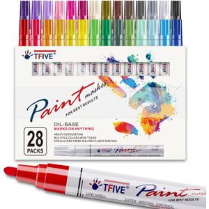 TFIVE Paint Markers Pens Set, 28 Color Oil-Based Permanent Paint Marker, Medium Tip, Quick Dry and Waterproof Pen for Rock Painting, Ceramic, Wood, Fabric, Plastic, Canvas, Glass, Mugs
