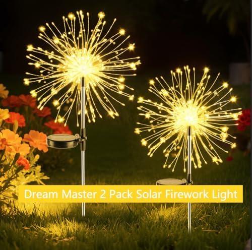 Dream Master Solar Garden Lights, 2Pack 120 LEDs Solar Lights Outdoor Waterproof, 8 Modes Fireworks Light, Valentines Day Decorations for Yard, Pathway, Walkway, Pool, Warm White