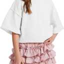 Girls Short Sleeve Sweater Kids Summer Oversized Cropped Sweaters Casual Crewneck Lightweight Knit Tops 5-14Y (11-12 Years, White)