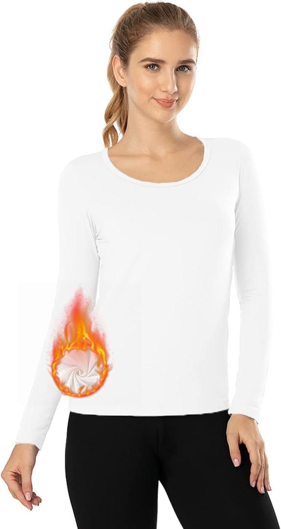 MANCYFIT Thermal Tops for Women Fleece Lined Shirt Long Sleeve Base Layer V Neck (Small, Scoop Neck-white)