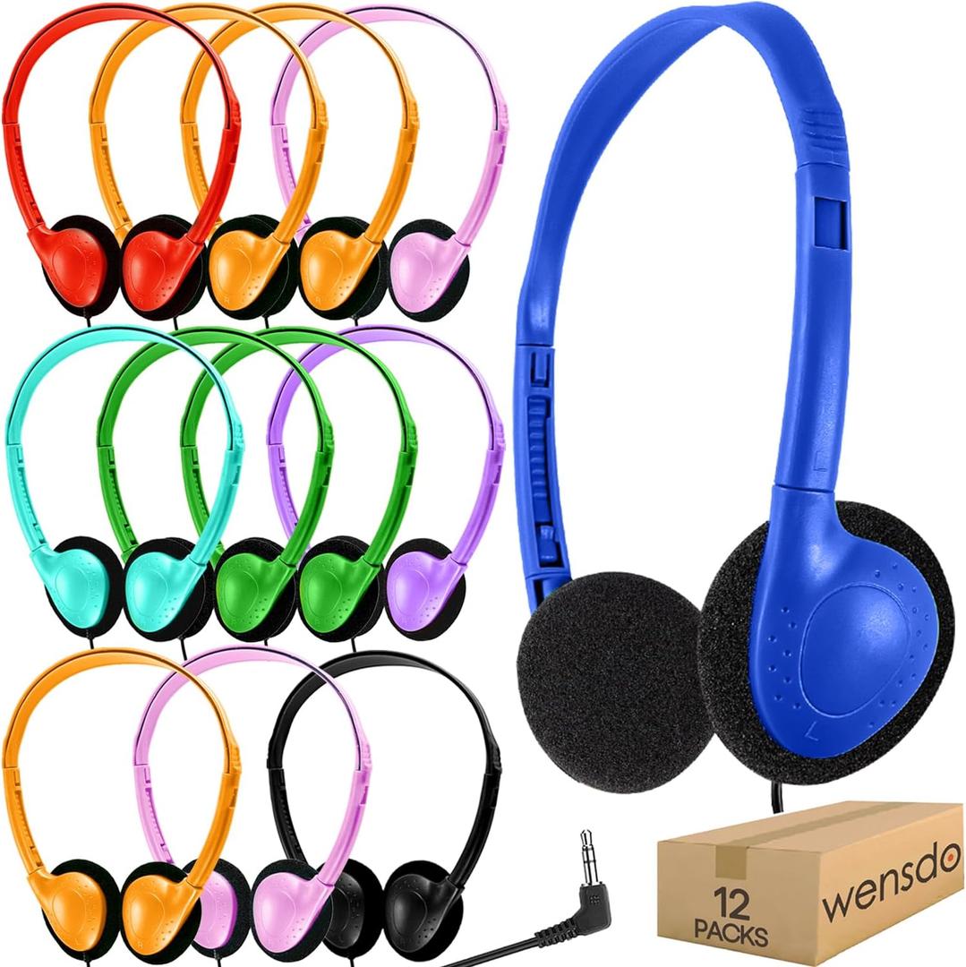 Kids Headphones Bulk 12 Pack for Classroom School Students, Wholesale Multi Color Wired Class Set Headphones for Children Toddler Boys Girls Teen and Adult (HY857, 12 Mixed)