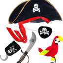 Vegove Kids Pirate Hats Set with Eye Hook Patch Toy Plush Parrot & Sword Halloween Hat Parties Costume
