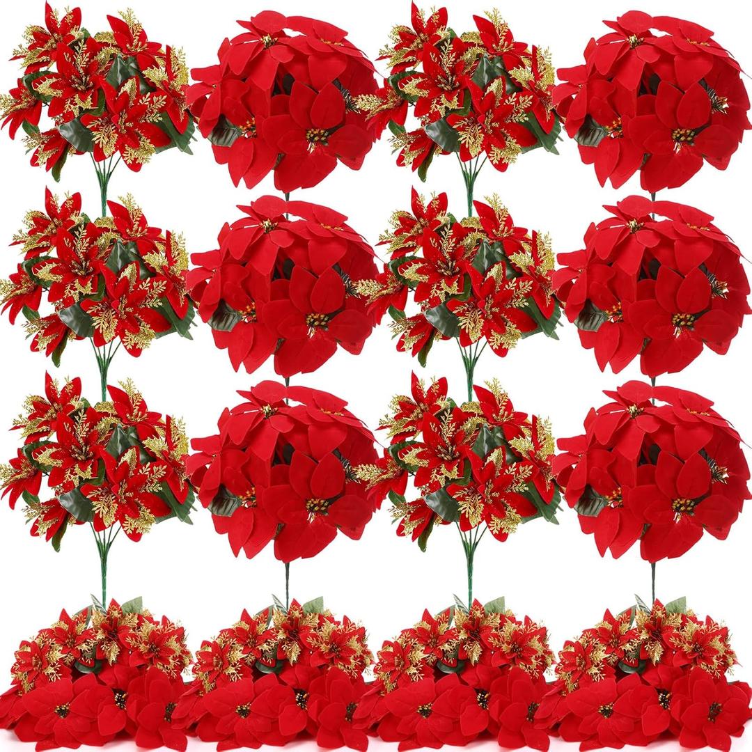 Hotop 12 Bundles Christmas Glitter Poinsettia Artificial Bushes 12.6 Inch Poinsettia Flowers Bushes Christmas Decorations Ornaments for Indoor Outdoor (Red,Red and Gold)
