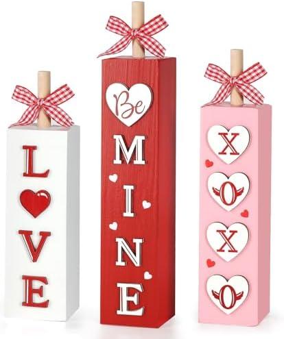 3Pcs Valentine's Day Table Decorations for Home Indoor Wooden Valentine Table Centerpiece Block Sign Wood Love Tiered Tray Tabletop Decor for Office Desk Shelf Wedding Anniversary Party Supplies Heart