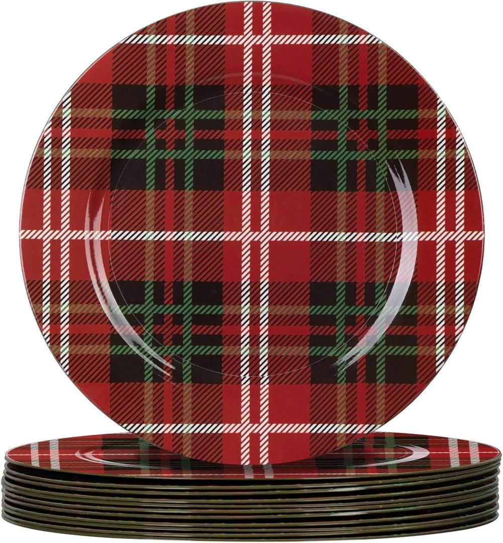 MAONAME Red Charger Plates Set of 12, 13 Inch Plastic Charger for Dinner Plates, Christmas Plate Chargers, Round Chargers for Table Setting, Wedding Decor (Christmas-Gold Rim)