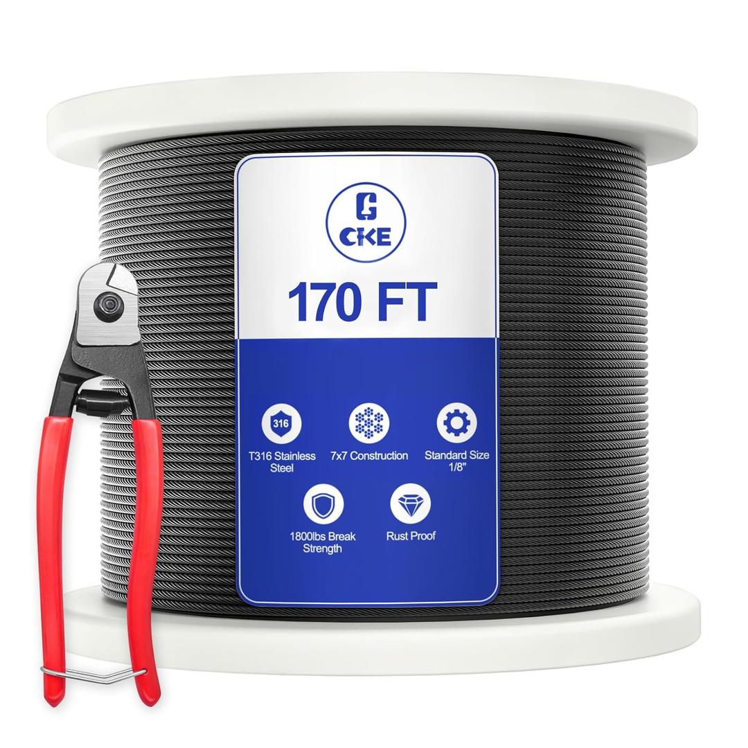 CKE 170FT 1/8" Black Stainless Steel Cable for Railing, T316 Stainless Steel Marine Grade Wire Rope for Deck Cable Railing Kit,1850lbs Breaking Strength 7x7 Strand Aircraft Cable DIY Balustrade, BCW6