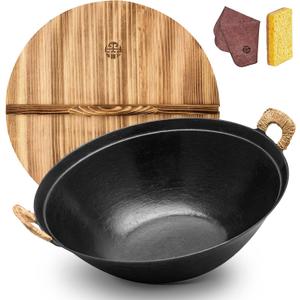 WANGYUANJI Cast Iron Wok Pan 14.9 inch Large SUGUO Wok Stir Fry Pan Flat Bottom with Dual Handle and Wooden Lid, Suitable for All Cooktops, Uncoated Chinese Traditional wok