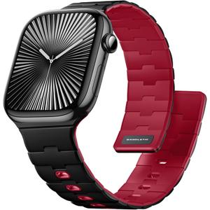 Bandletic Magnetic Silicone Watchband Compatible with Apple Watch Band 44mm 45mm 46mm 49mm 42mm 41mm 40mm 38mm Men Women, Strong Magnet Sport Strap for iWatch Series 11 10 9 8 7 6 5 4 Ultra SE 3 2 1 (Black/Crimson)