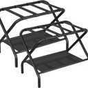 Smuxee Black Luggage Rack Pack of 2, Foldable Suitcase Stand with Fabric Storage Shelf, Luggage Holder with 4 Nylon Straps for Guest Room Bedroom Hotel