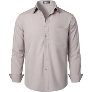 ZEROYAA Men's Regular Fit Dress Shirt Solid Wrinkle-Free Long Sleeve Casual Business Button Up Shirts with Pocket (Almond Gray), S