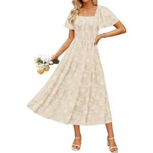 ZESICA Womens Summer Boho Floral Midi Dress 2026 Casual Short Sleeve Square Neck Flowy Beach Vacation Long Dress (Large, Apricot)