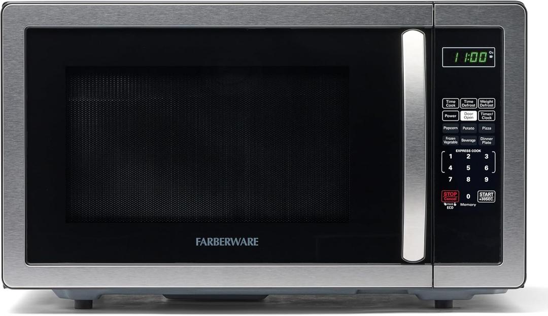 Farberware 1.1 Cu. Ft. Countertop Microwave Oven  1000 Watts Power, Auto Cook Settings, Defrost, Easy Clean and Child Safety Lock - Stainless