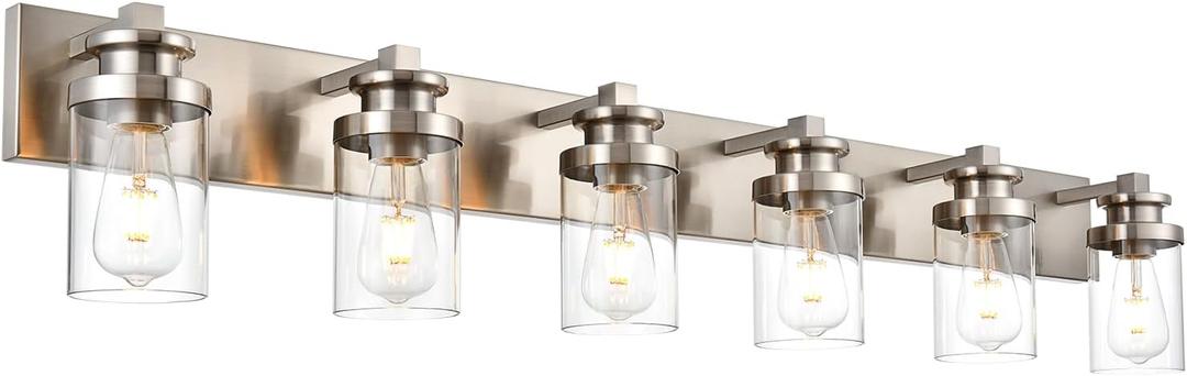 BONLICHT Modern Wall Mount Light Brushed Nickel Bathroom Vanity Light Fixture Farmhouse Wall Sconce 6 Lights Modern Lighting Fixtures Hallway Wall Lamp Over Mirror with Clear Glass Shade(Exclude Bulb) BONLICHT Modern Wall Mount Light Brushed Nickel Bathroom Vanity Light Fixture Farmhouse Wall Sconce 6 Lights Modern Lighting Fixtures Hallway Wall Lamp Over Mirror with Clear Glass Shade(Exclude Bulb)