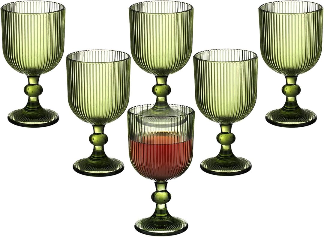 Vintage Wine Glasses Set of 6, 11 Ounces Colored Glass Water Goblets, Unique Embossed Pattern High Clear Stemmed Glassware Wedding Party Bar Glass Drinking Cups Fancy Glasses Vertical Line Grey (Green)