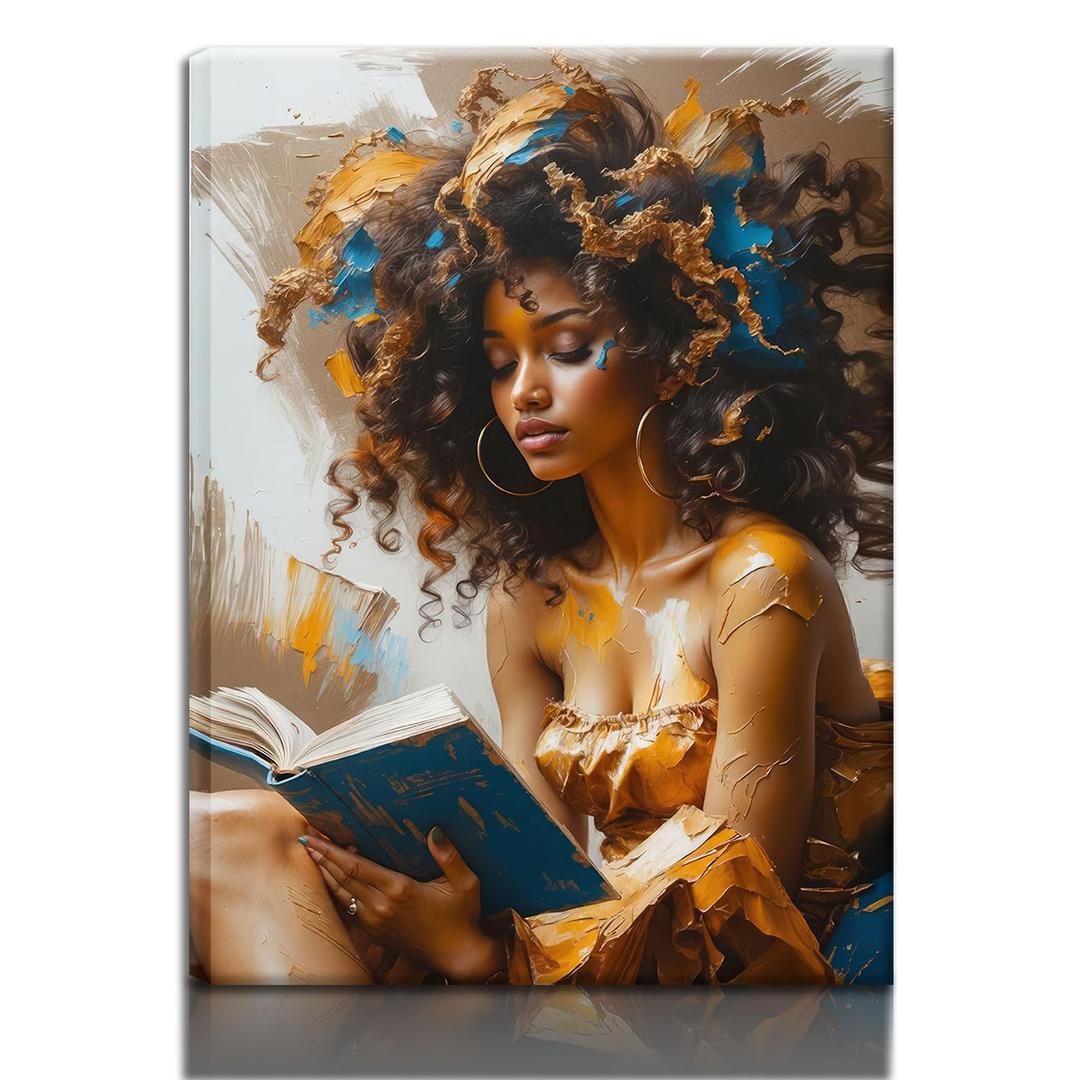 Framed Canvas Wall Art Reading Black Women Painting Print Abstract Poster Gallery Style Modern Figurative Picture 16x24 Inch Ready To Hang