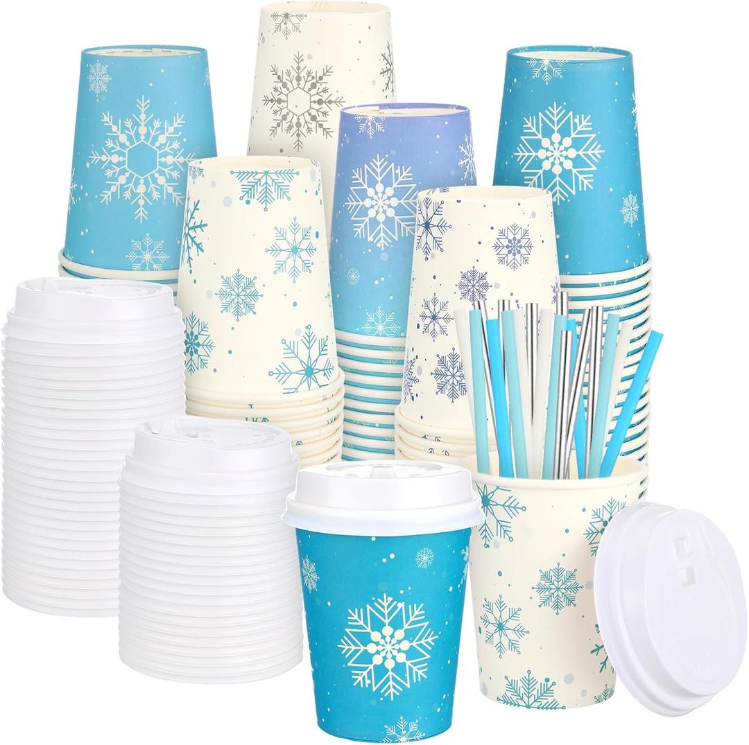 48 Sets 12 oz Christmas Snowflake Disposable Coffee Cups Hot Coffee Paper Cups with Lids and Straws Bulk Disposable Espresso Tea Mug for Christmas Holiday Party Supplies