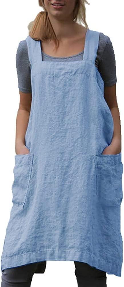 Women's Pinafore Apron Cross Back Apron with Pockets Cotton Linen Apron Dress Plus Size (Light Blue) S