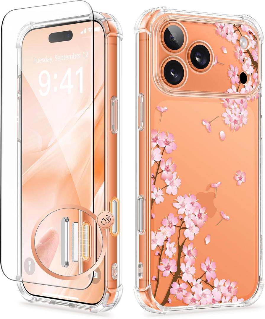 GVIEWIN for iPhone 17 Pro Case with Screen Protector, Upgraded [Full Camera Protection] [Non Yellowing] Floral Slim Shockproof Clear Women Phone Cover for iPhone 17 Pro 6.3" (Sakura/Pink)