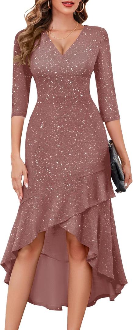 BeryLove Sequin Formal Cocktail Wedding Guest Dress Prom Sparkly Party Evening Gowns Ruffle Hi Low Midi Dresses (Medium, Blush)