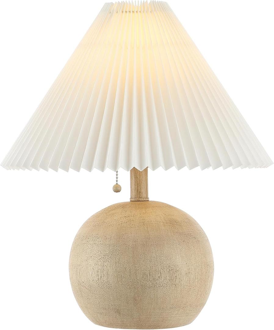 JONATHAN Y JYL1145B Aksel 17.25" Coastal Scandinavian Resin/Iron Sphere LED Table Lamp with Pleated Shade and Pull Chain, Beige Wood Finish/White, for Entry Console, Bedroom, Living Room (17.25 " H x 14.5 " W x 14.5 " D)