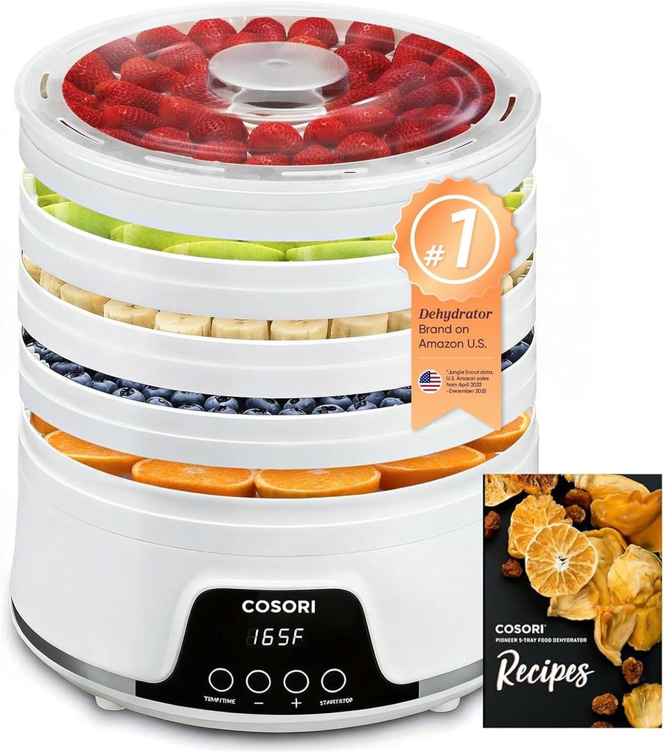 COSORI Food Dehydrator Machine for Jerky, 5 Trays with 165F Temperature Control and 48H Timer, 350W Dryer for Fruit, Herbs, Meat, Veggies and Dog Treats, 50-Recipes Book Included (White)
