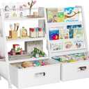 Homeiju Kids Bookshelf and Toy Storage Organizer, 3 Tier Kids Bookcase, Sling Bookshelf and 2 Toy Bins with Toy Storage Organizer for Children Room, Playroom, Nursery, White