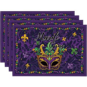 Artoid Mode Purple Mask Beads Mardi Gras Placemats Set of 4, 12x18 Inch Seasonal Carnival Holiday Table Mats for Party Kitchen Dining Decoration