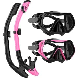 Snorkeling Gear for Adults, JRing Snorkel Mask Set with 180 Degree Tempered Glass Anti Fog Goggles Scuba Dry Top Snorkel for Swimming, Scuba Diving Mask for Men Women (Black+Pink (2 Pack))