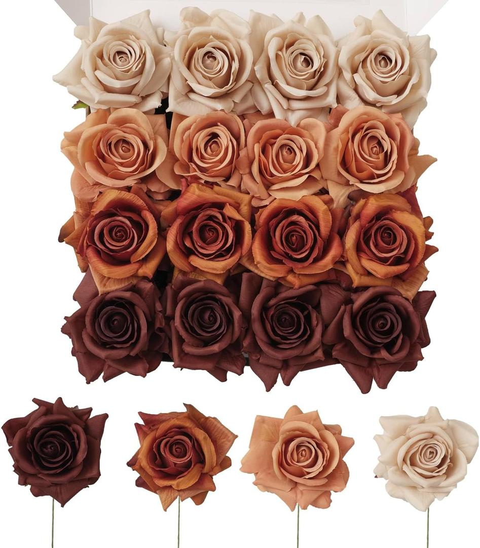TINGE TIME Artificial Flowers Combo Box Set 16PCS Fake Rose Silk Flower with Stem for DIY Wedding Bouquets Centerpieces Baby Shower Party Home Fall Decoration (Gradient Burnt Orange)
